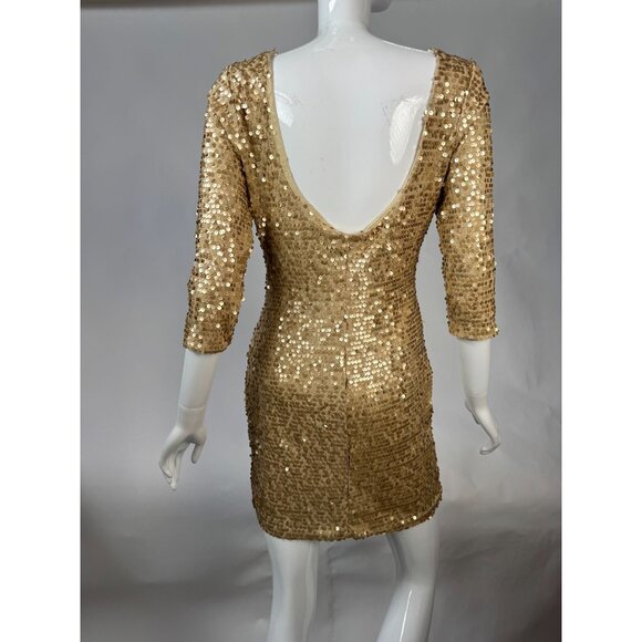 Fredericks Of Hollywood Gold Sequin Dress With 3/4 Sleeves & Low Back Design Siz - Picture 4 of 16